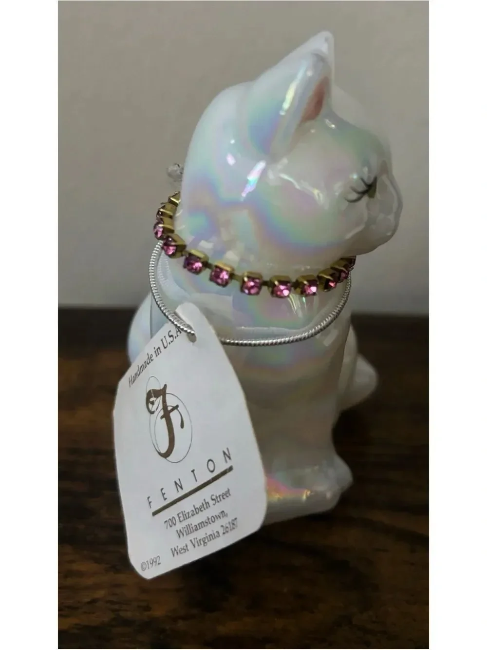 Vintage Fenton Opal Iridescent October Cat ~ Rose Zircon - UV Glow - Marked